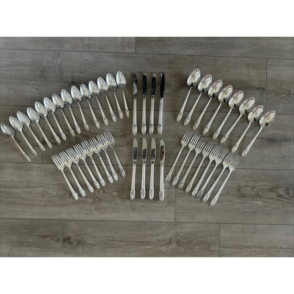 46 pc silverplate‎ flatware set by Rogers, First Love Pattern. Monogram M, srv 8
